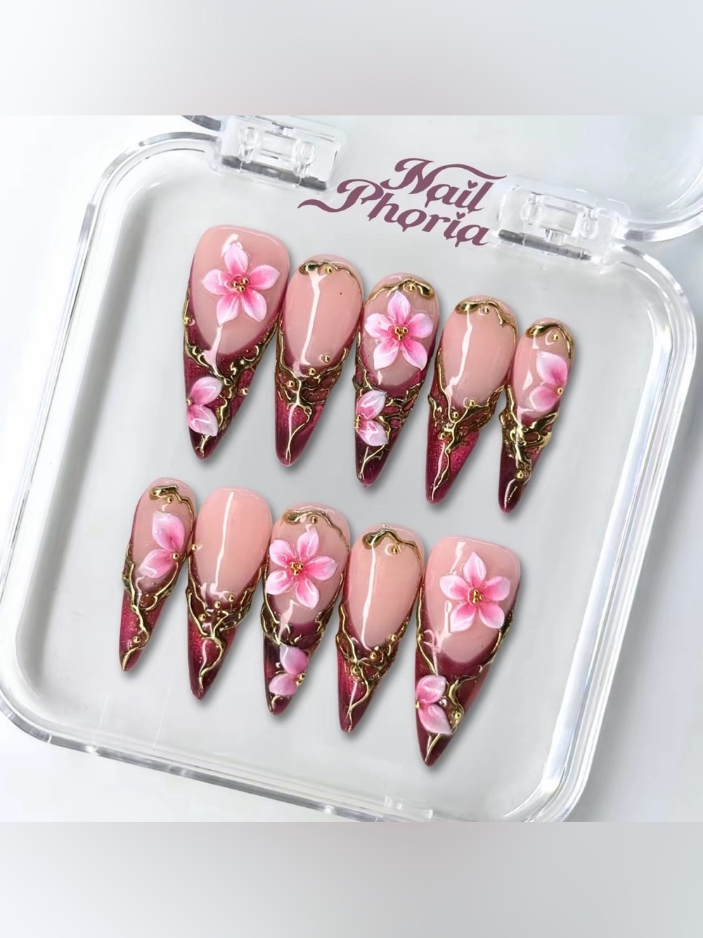 NailPhoria Stiletto Press-On Nail Set - Crimson Bloom